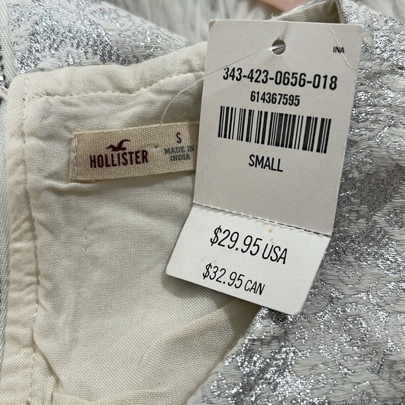 HOLLISTER White, Metallic Silver Sparkly Baroque Print Zip Sleeveless Crop Top S - Picture 5 of 6